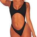 Viottiset Women's Cutout High Cut One Piece Thong Swimsuit Bikini Monokini Bandage (Large, 01-black)