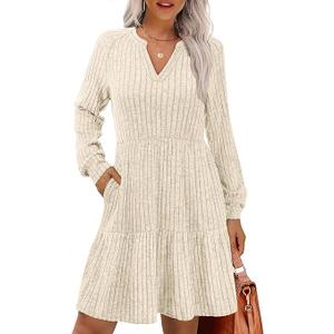 IWD Womens V Neck Long Sleeve Dress with Pockets Casual A-Line Knee Length Fall Knit Sweater Dresses 2025, M