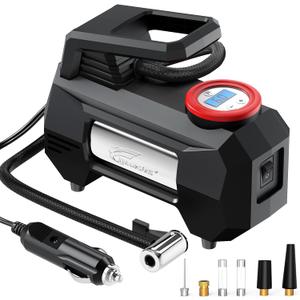 HAUSBELL 150 PSI Tire Inflator Portable Air Compressor for Car Tires, Air Pump for Car, 12V DC-Powered Tire Pump with Valve Adapter, Digital Pressure Gauge, Emergency LED Light for Bicycle, Black