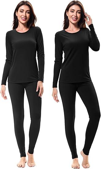 URATOT 2 Sets Womens Thermal Underwear Set Fleece Lined Thermal Underwear Soft Long Top Bottom Set for Women Cold Winter (XX-Large, Black, black)