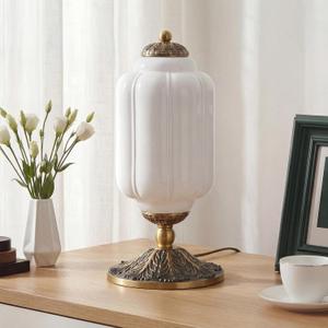 Milk Glass Table Lamp - Modern Farmhouse Design with Antique Brass Finish Base, White Desk Light for Living Room & Bedroom Decor (White 15")