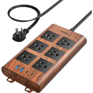 TOPREK Surge Protector Power Strip (2100J), 6 Widely-Spaced Outlets with 2 USB-C & 2 USB-A, 6.5 FT Extension Cord with Ultra-Thin Flat Plug, Wood Finish Power Strip with USB for Home, Office