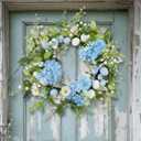 Suncalla 16 Inch Easter Eggs Wreaths for Front Door Hydrangea Easter Wreaths Artificial Blue White Floral Spring Summer Wreath for Front Door Indoor Outdoor Home Porch Wall Window Festival Decoration