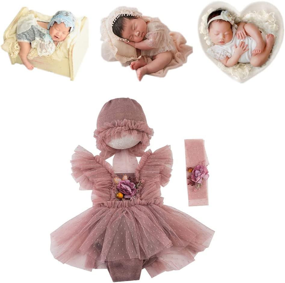2 x Newborn Photography Props Baby Girls Outfits,Baby Photo Props Soft Lace Headdress Bodysuits Set
