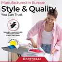Bartnelli by Rorets Ironing Board Made in Europe | Iron Board with 4 Layered Cover & Pad, Height Adjustable up to 36" Features A Safety Iron Rest, 4 Steel Legs, for Laundry Room or Dorm Use (43x13)
