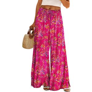 YESNO Women Summer Boho Palazzo Pants High Waist Wide Leg Floral Casual Cotton Lounge Trousers with Pockets 2XL PP0 CR026
