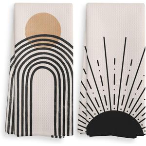 Boho Black Sun Sunrise Sunshine Rainbow Kitchen Towels and Dishcloths Sets of 2, Bohemian Absorbent Drying Cloth Hand Towels Tea Towels for Bathroom Kitchen, Boho Gifts for Women Girls, 16×24 inches