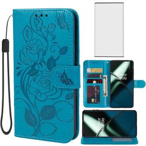 Case for OnePlus 11 Case, One Plus 11 5G PHB110 Wallet Case with Tempered Glass Screen Protector, Flower Leather Flip Credit Card Holder Stand Phone Cover Cases for OnePlus 11 5G Blue