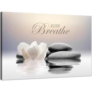 Zen Stone Canvas Wall Art Just Breathe Yoga Quotes Poster for Spa Decor White Lotus Flower Pictures Prints for Bathroom Modern Spiritual Artwork Framed (12 x 16inches) (12L" x 16W", Mindset Lotus 02)