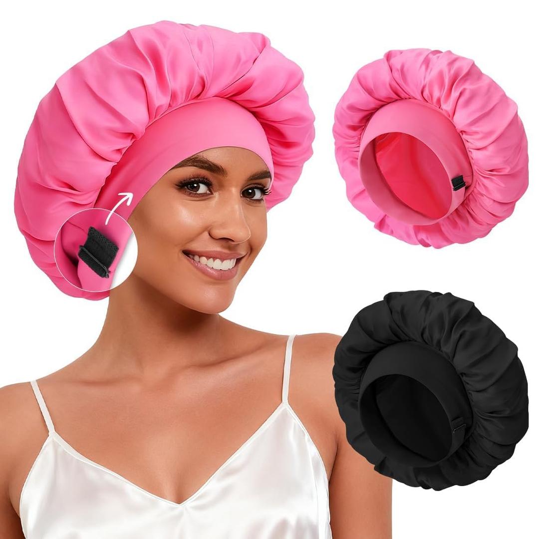 2Pcs Bonnet for Sleeping Women, Satin Adjustable Silk Hair Bonnet for Sleeping, Wide Band Sleep Caps for Curly Hair, Black & Rose Red