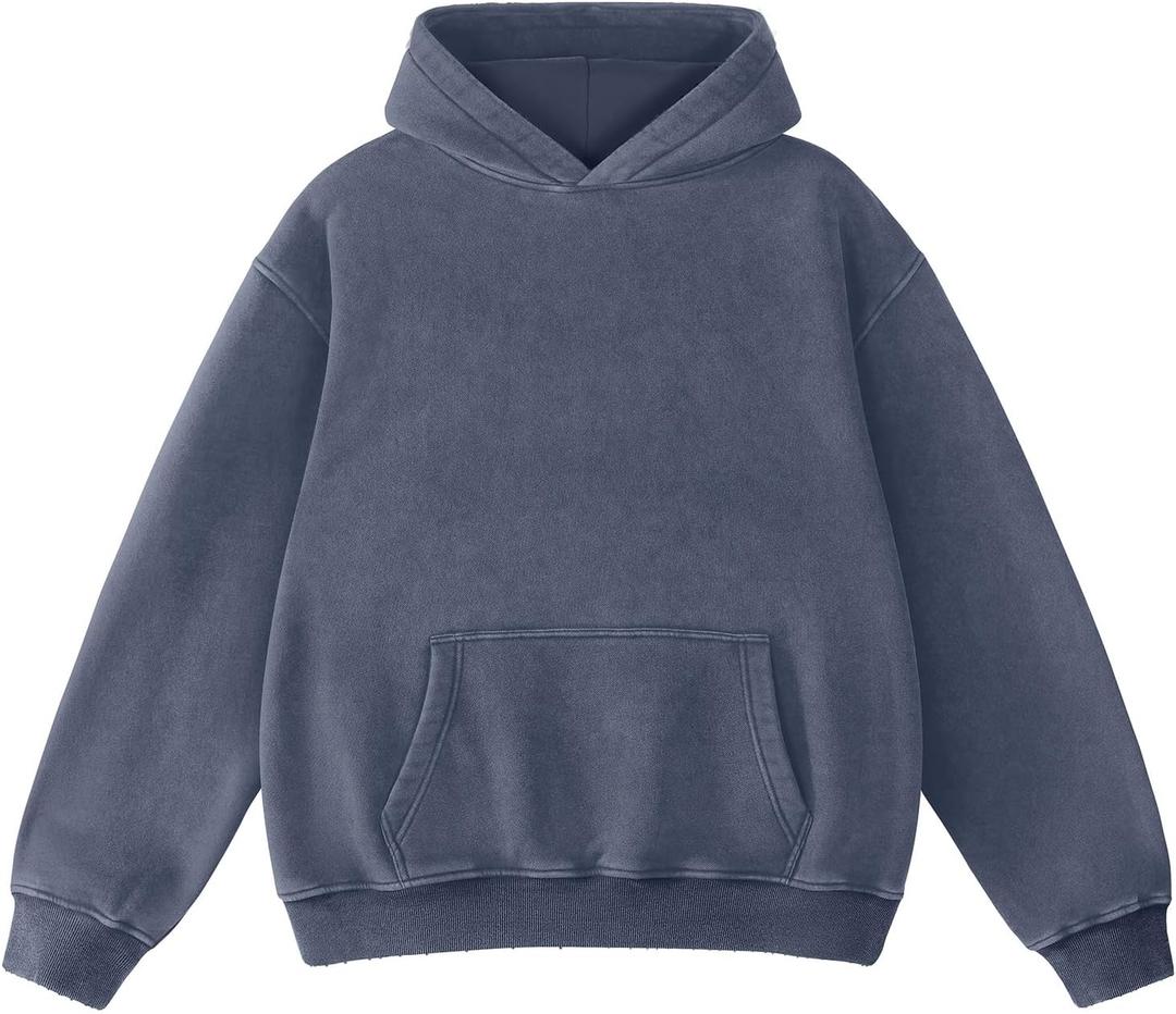 FAIABLE Mens Hoodies Oversized Unisex Acid Wash Hoodie Heavyweight Fleece Vintage Cotton Sweatshirt Men Women Streetwear (Medium, Indigo Blue)