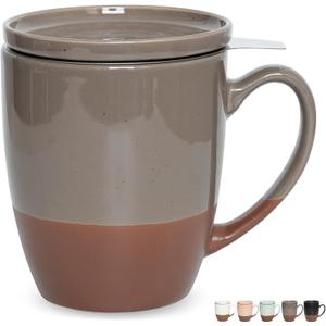 Bosmarlin Ceramic Tea Cup with Infuser and Lid, 16 Oz, Steeping Tea Mug with Strainer, Dishwasher and Microwave Safe (Grey) (Gray)