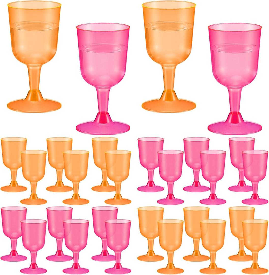 Remerry 24 Pcs Orange Pink Party Plastic Wine Glasses 5 oz Goblets with Stem Hot Pink Orange Unbreakable Drinking Glasses Drinkware Cup for Valentines Day Wedding Birthday Baby Shower Party Supplies