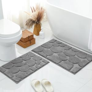 HOMEIDEAS Bathroom Rugs Sets 2 Piece, Cobblestone Soft Fluffy Non Slip Absorbent Washable Floor Bath Mat, 16x24+20x32 Inch, Grey