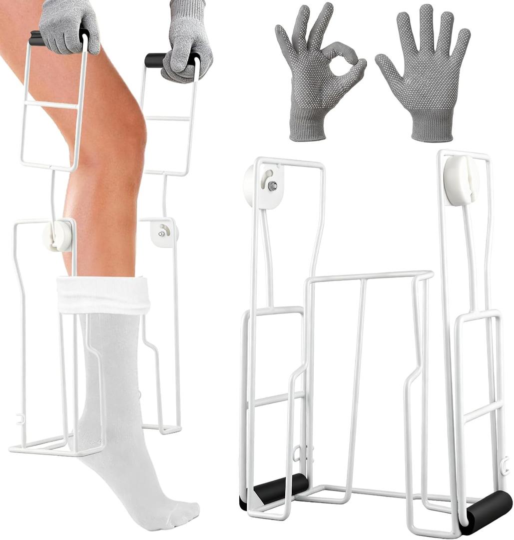 Compression Sock Aid Device with Non Slip Gloves - Metal Stocking Donner Helper for Compression Socks & Hosiery - Easy Dressing Aid for Seniors, Arthritis & Limited Mobility