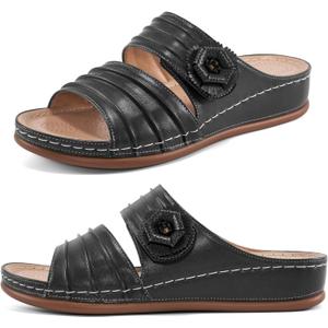 HARENCE Sandals for Women Wedge Slides: Comfortable Summer Beach Platform Shoes with Flowers Dressy Memory Foam Slip On Slide Sandals (7, Black)