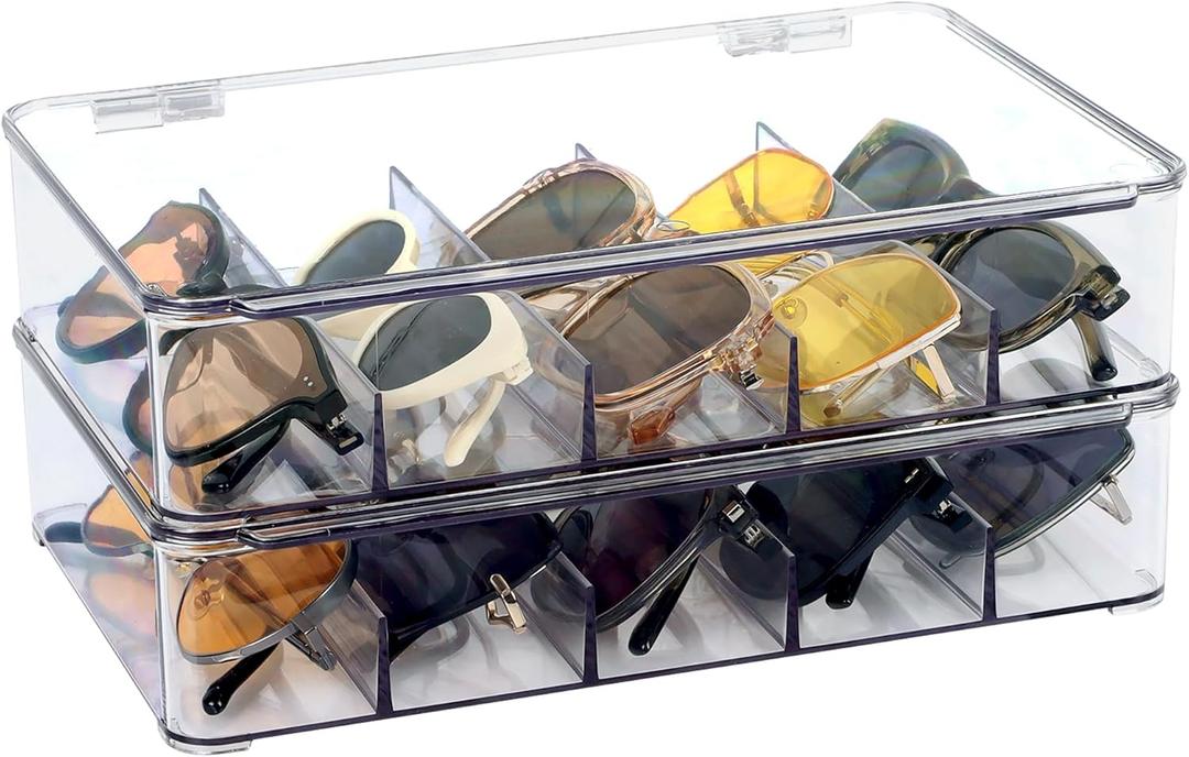 FORUP Sunglasses Organizer, Plastic Stackable Eyeglass Case Storage Organizer, Sunglass Glasses Storage Box with Hinged Lid (Clear)
