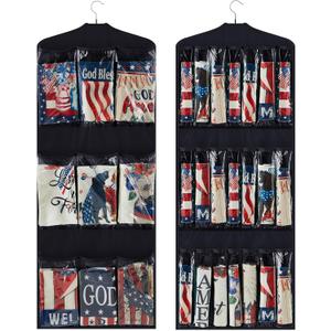 Garden Flag Storage Organizer Double Sided Hanging over Door Storage with 30 Pockets American Flag and Banners Gift Wrap Organizer for Closet Door Porch, Black
