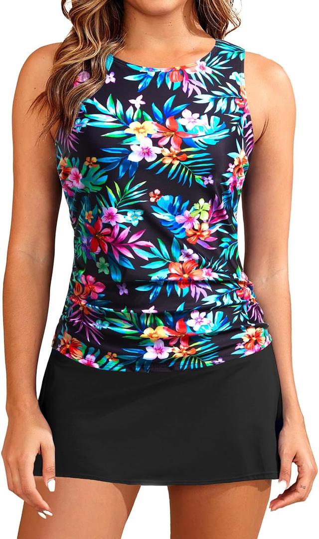 Daci Womens Tankini Swimsuits with Skirt - Two Piece Tummy Control Bathing Suits High Neck Swimwear (XX-Large, Colorful Floral)