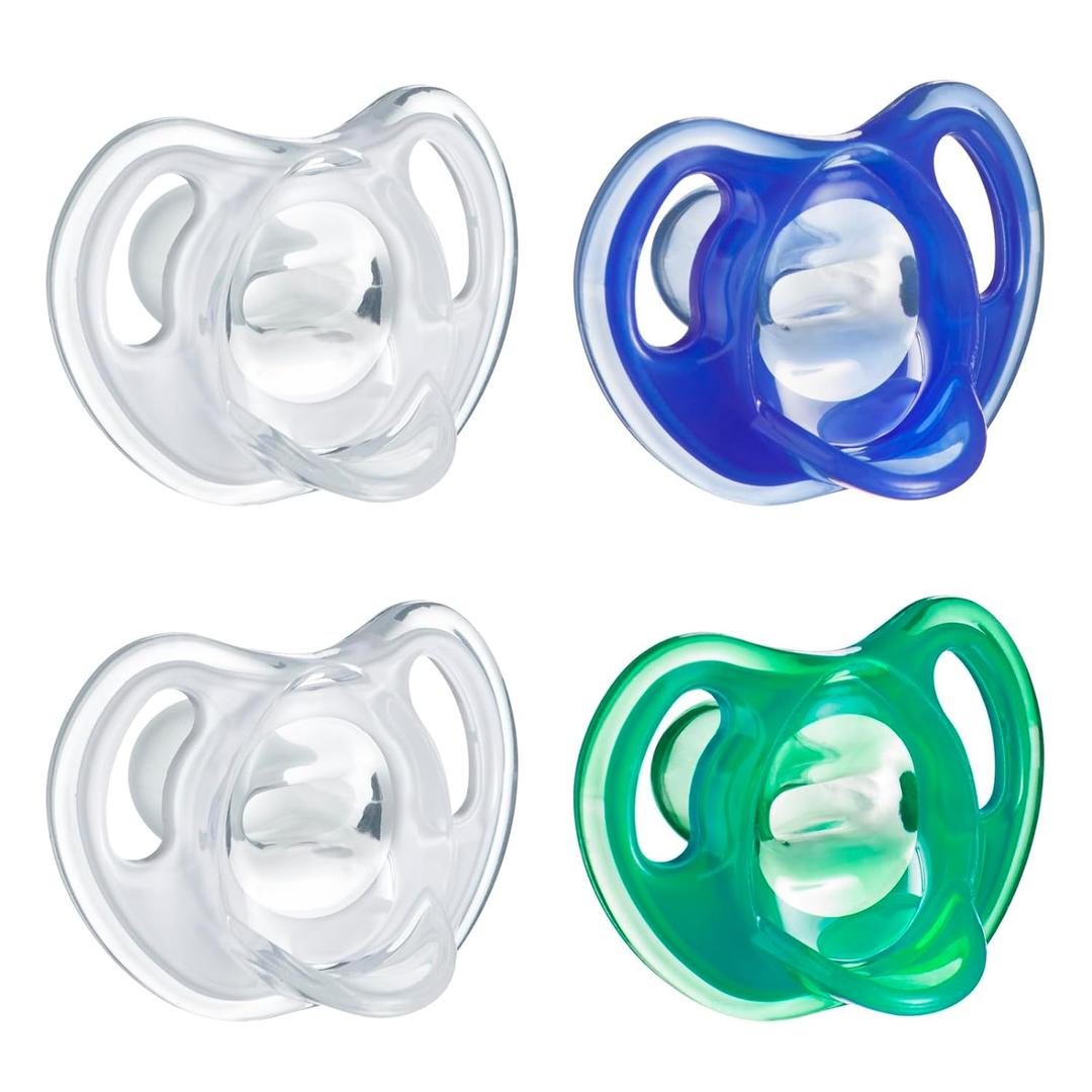 Tommee Tippee Ultra-Light Silicone Pacifier, 18-36 Months, Symmetrical One-Piece Design, BPA-Free Silicone Binkies, Clear/Blue/Green, Pack of 4