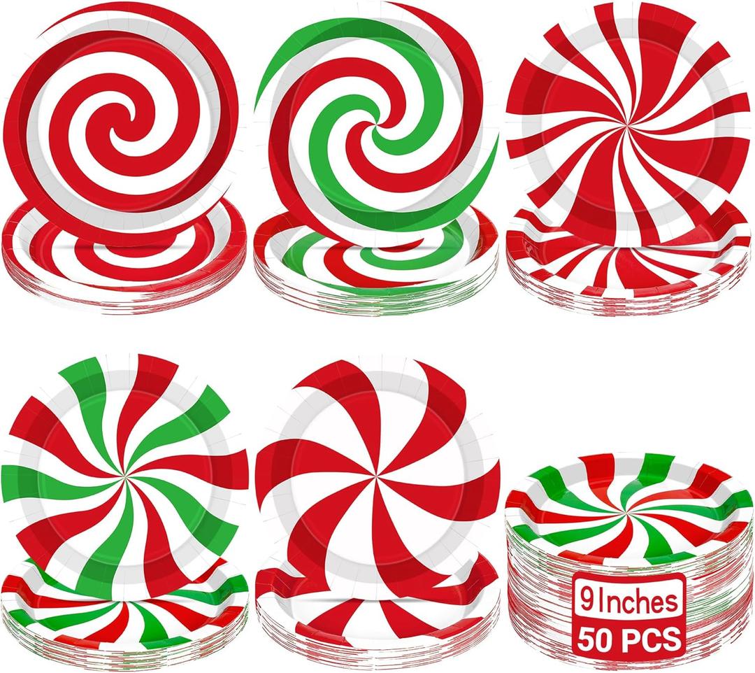 QZYL 50 PCS Christmas Paper Plates, 9" Christmas Plates Disposable Party Set, 5 Designs Red White Green Candy Design Xmas Dinnerware, Xmas Tableware for Winter Ugly Sweater Party