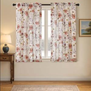 OVZME Crushed Printed Sheer Curtians 54 Inch Length 2 Panels, Light Filtering Sheer Floral Drapes Dual Rod Pocket for Living Room Bedroom, Privacy Protect Farmhouse Window Treatment, Each 42Wx54L inch