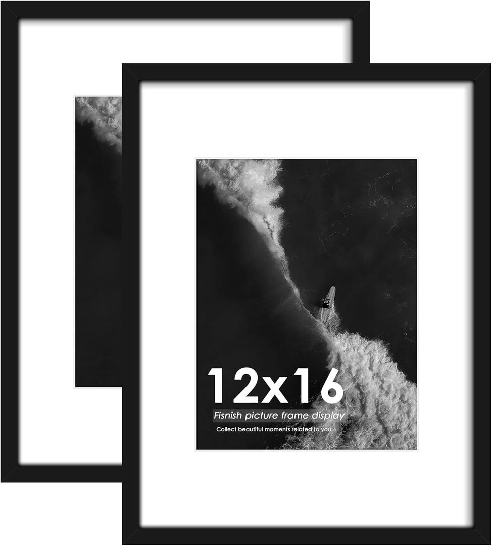 12x16 Picture Frame Black 2 Pack, Display Pictures 8.5x11 with Mat or 12 x 16 Without Mat, Classic Poster Frame for Horizontal or Vertical Wall Mounting