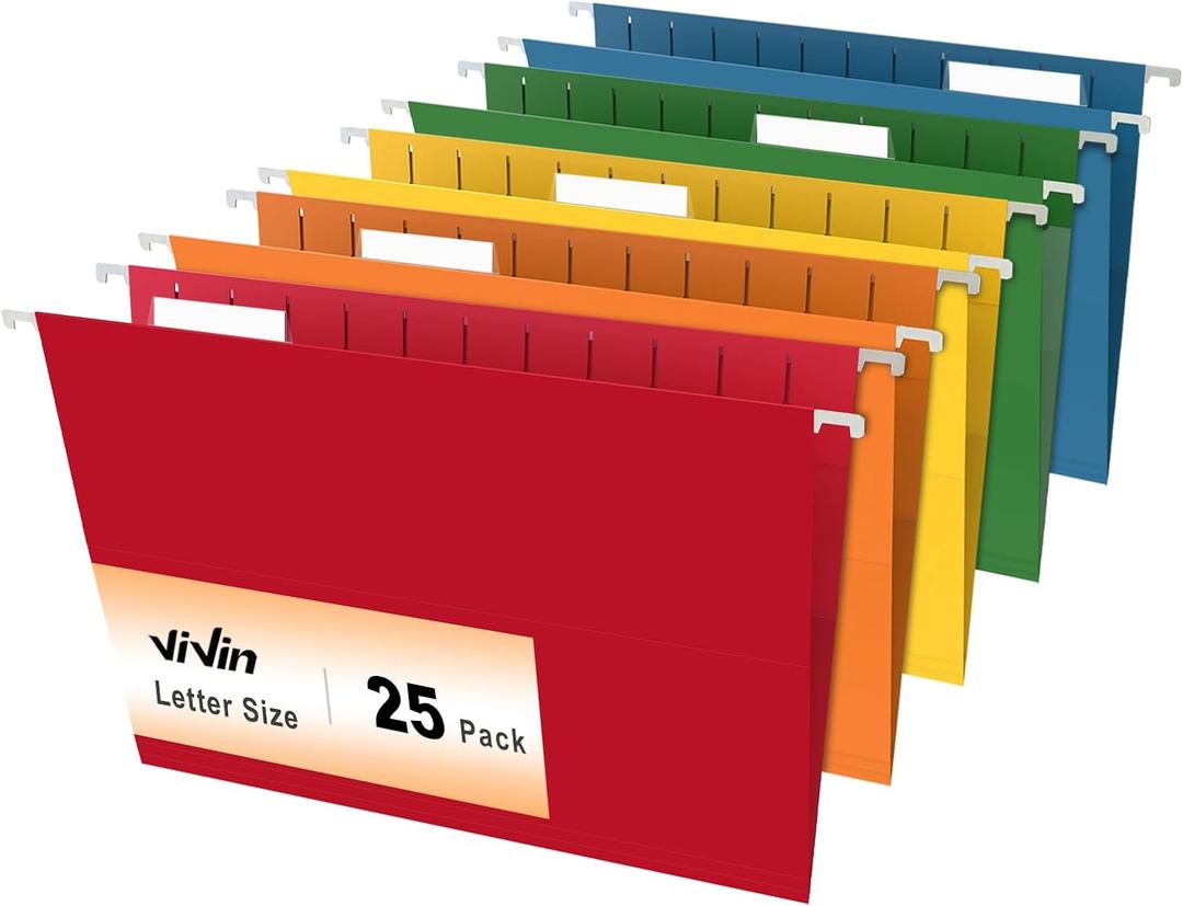 ViVin 25 Pack Letter Size Hanging File Folders with 25 Per Box, 1/5-Cut Adjustable Tabs, Hanging Folders Designed for Office Bulky Files, Filing Cabinets(Assorted) (No expansion)
