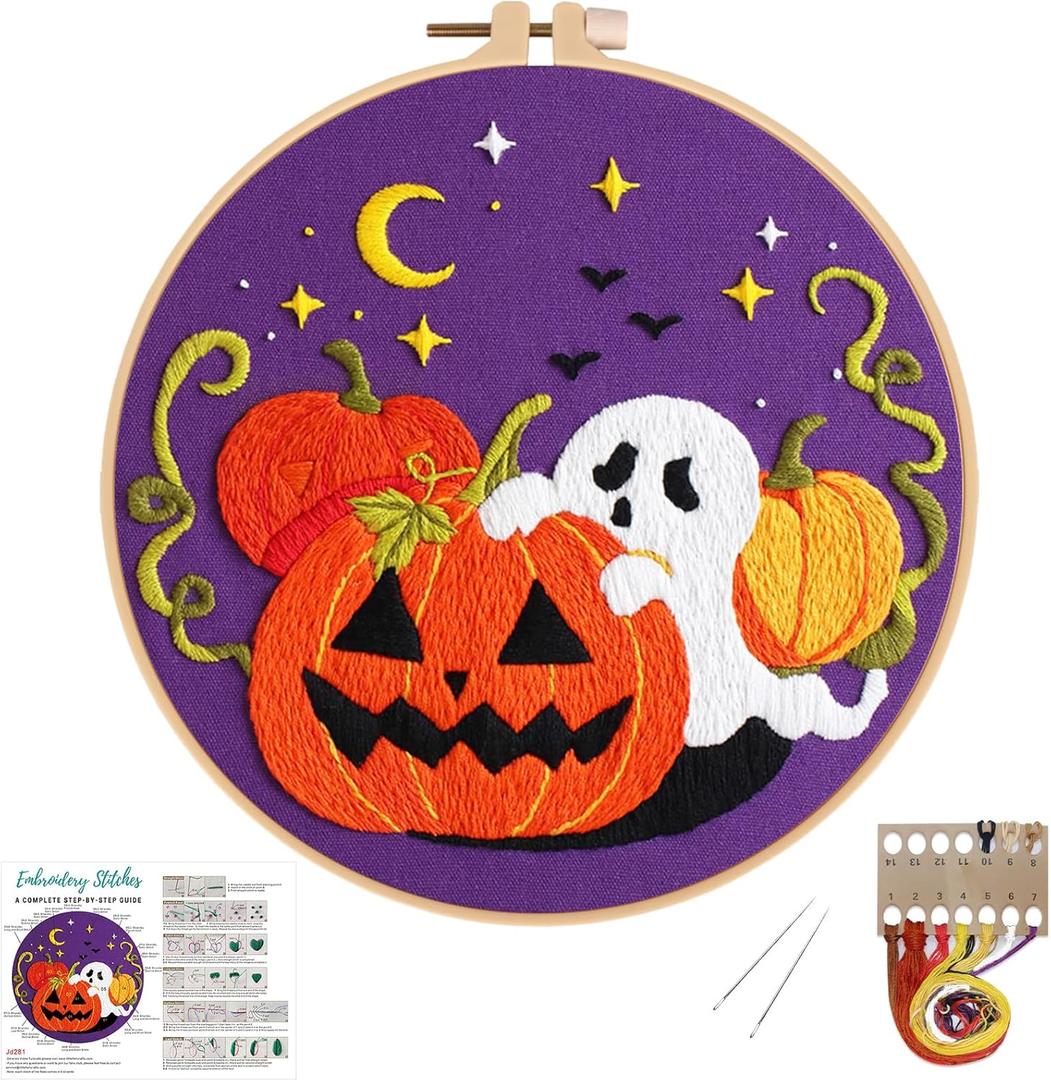 Nuberlic Halloween Embroidery Kits for Beginners Ghost Pumpkin DIY Cross Stitch Starter Craft Kits for Adults Including Cloth with Pattern Hoop Needles Instruction and Threads