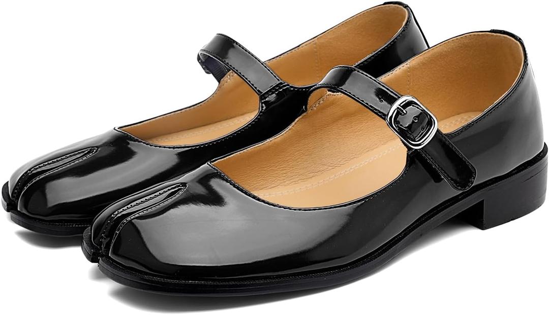Tabi Mary Jane Shoes Women Split Toe Ankle Buckle Strap Womens Flats Comfort Casual Dressy Party School Work Dress Pumps Shoes (7.5, Black)