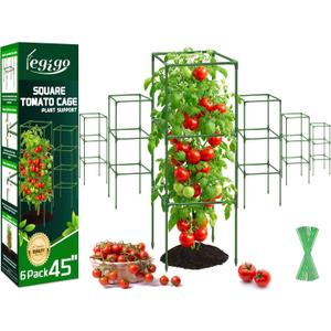 Legigo 6 Pack Square Tomato Cages- 45 Inch Heavy Duty Tomato Trellis for Climbing Plants Outdoor, Tomato Plant Support Stakes Cage Garden Trellis for Garden Raised Garden Bed Cucumbers Vegetables