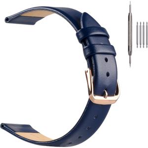 EACHE Classical Thin Leather Watch Bands for Ladies, Genuine Leather Watch Straps for Women & Mens 12mm 14mm 16mm 18mm 20mm More Colors (Blue-Rose Gold Buckle)