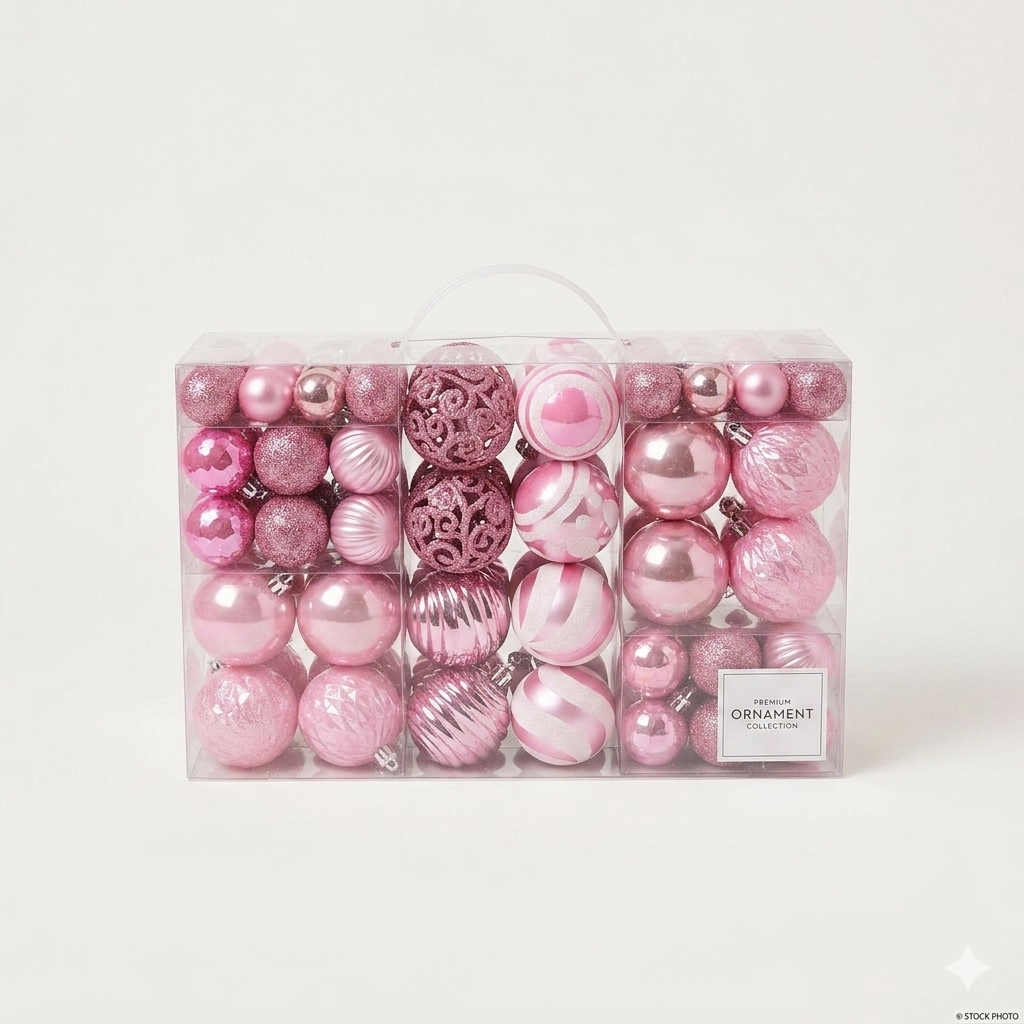 100PCS Christmas Ball Ornaments, Assorted Shatterproof Christmas Tree Decorations, Seasonal Decorative Hanging Baubles Decor Set for Xmas/Holiday/Party, Glitter&Painting Ornament Set (Pink)