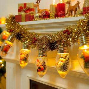 Christmas Garland with Bulbs Lights 6.6 Ft 10 LED Snow Globe String Lights for Christmas Tree Bulb Garland with Vintage Ornaments for Bedroom Table Party Decor Battery Operated(Gold)