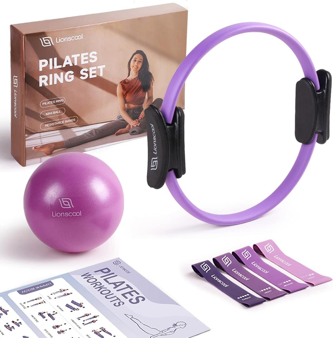 LIONSCOOL Pilates Ring Set  14" Anti-Deformation Magic Circle with Padded Handles, Mini Ball, Resistance Bands, Guide & Bag (Purple)