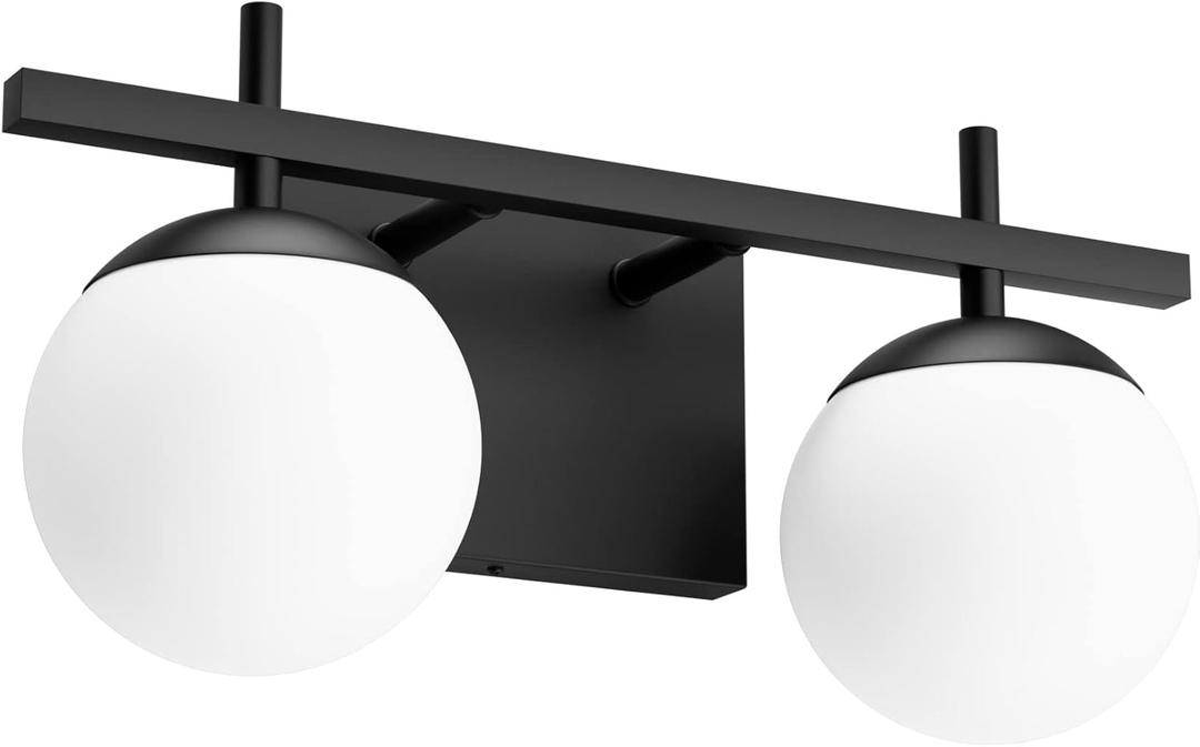 Ralbay Matte Black Mid Century Modern 2-Light Bathroom Wall Light with Milky Glass Balls
