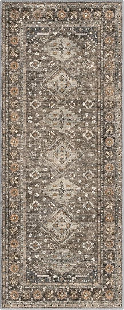 GENIMO Runner Rug 2x5 Machine Washable Non Slip Vintage Hallway Runner Rug, Low Pile Lightweight Rugs for Entryway, Hallway, Kitchen and Corridor, Distressed Deep Brown