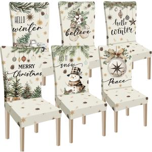 Ganeen 6 Pcs Christmas Chair Covers Merry Christmas Chair Back Cover Stretch Xmas Seat Protector Washable Xmas Dining Seat Protector Slipcover for Dining Room Kitchen Holiday Party (Pine Cone Style)