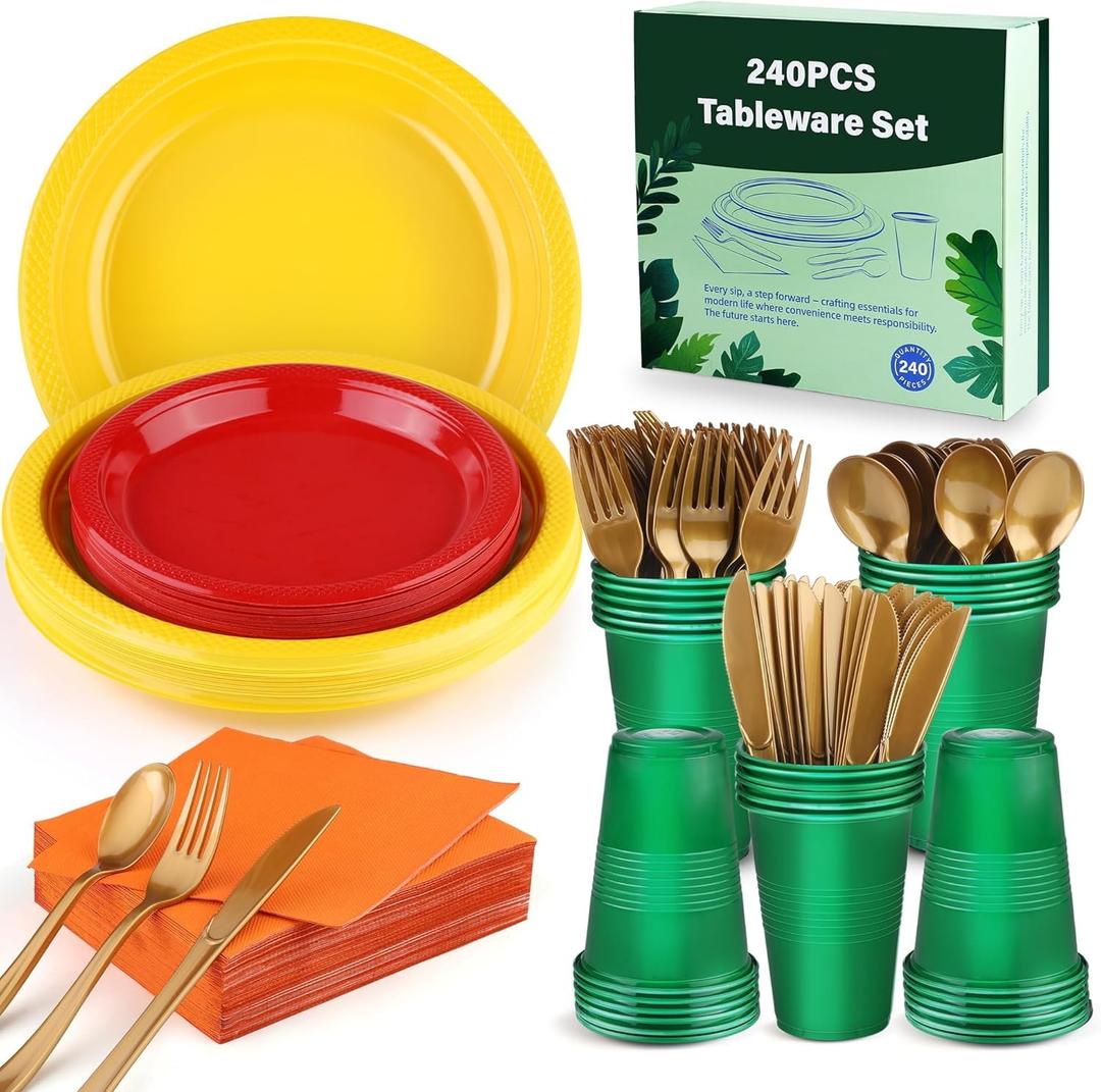 Kochorie 240 Pieces Plastic Dinnerware Set Disposable Heavy Duty Plates Napkins Cups and Silverware Dessert Dinner Plates for Birthday Wedding Thanksgiving Party Supplies, Serves 30 Guests (Yellow, Green, Orange, Deep Red)