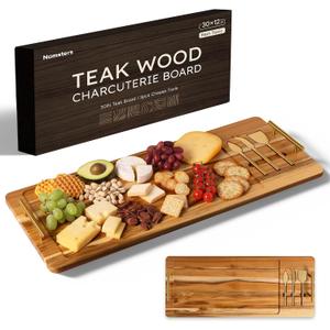 Teak 30 Inch Large Charcuterie Boards for Party with Cheese Knife Set of 3 with Handles Extra Long Wooden Serving Cheese Boards Charcuterie Boards Set