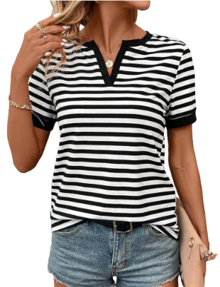 Women's Striped V Neck T Shirts Short Sleeve Casual Tees Summer Tops, XL