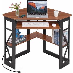 VECELO Corner Desk, Triangle Computer Desk for Small Space with Charging Station and Keyboard Tray, Corner Makeup Table with Storage Shelves for Home Office Bedroom, 41x30, Teak Brown, 28" x 41" x 30"