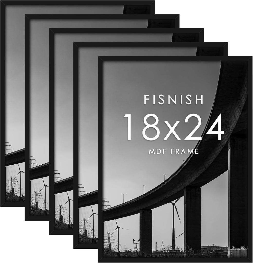 18x24 Frame 5 Pack, Black Poster Frames 18 x 24 for Horizontal or Vertical Wall Mounting