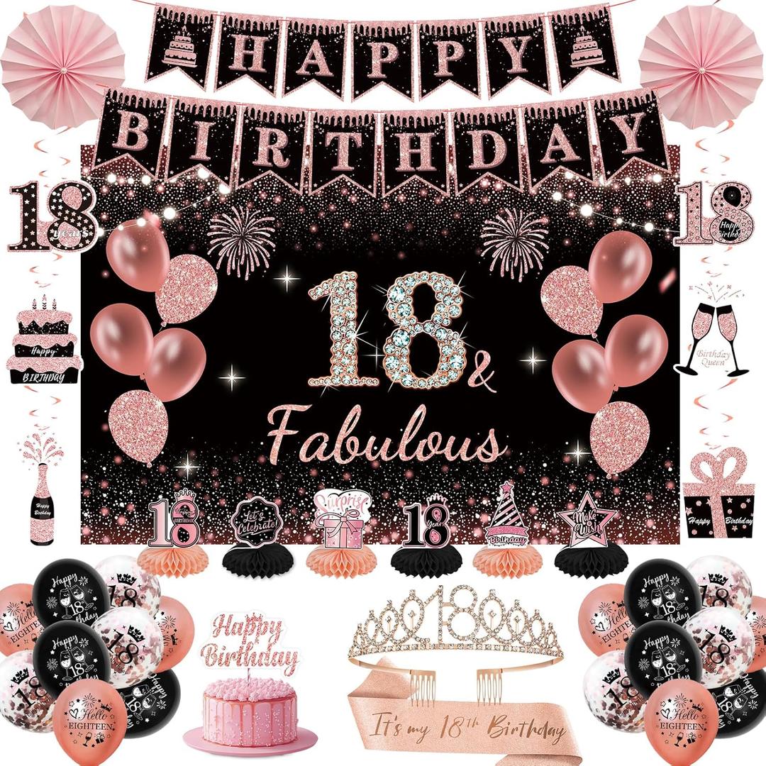 18th Birthday Decorations for Girls - Rose Gold 37Pcs Complete Party Kit with Banner, Backdrop, Tiara, Sash, Cake Topper, Latex Balloons, Hanging Swirls, Centerpieces | Birthday Party Supplies