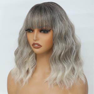 MINLEE Ombre Gray Wig with Bangs for Women 14 Inch Short Bob Wavy Curly Wig Grey Hair Wigs Heat Resistant Synthetic Wigs