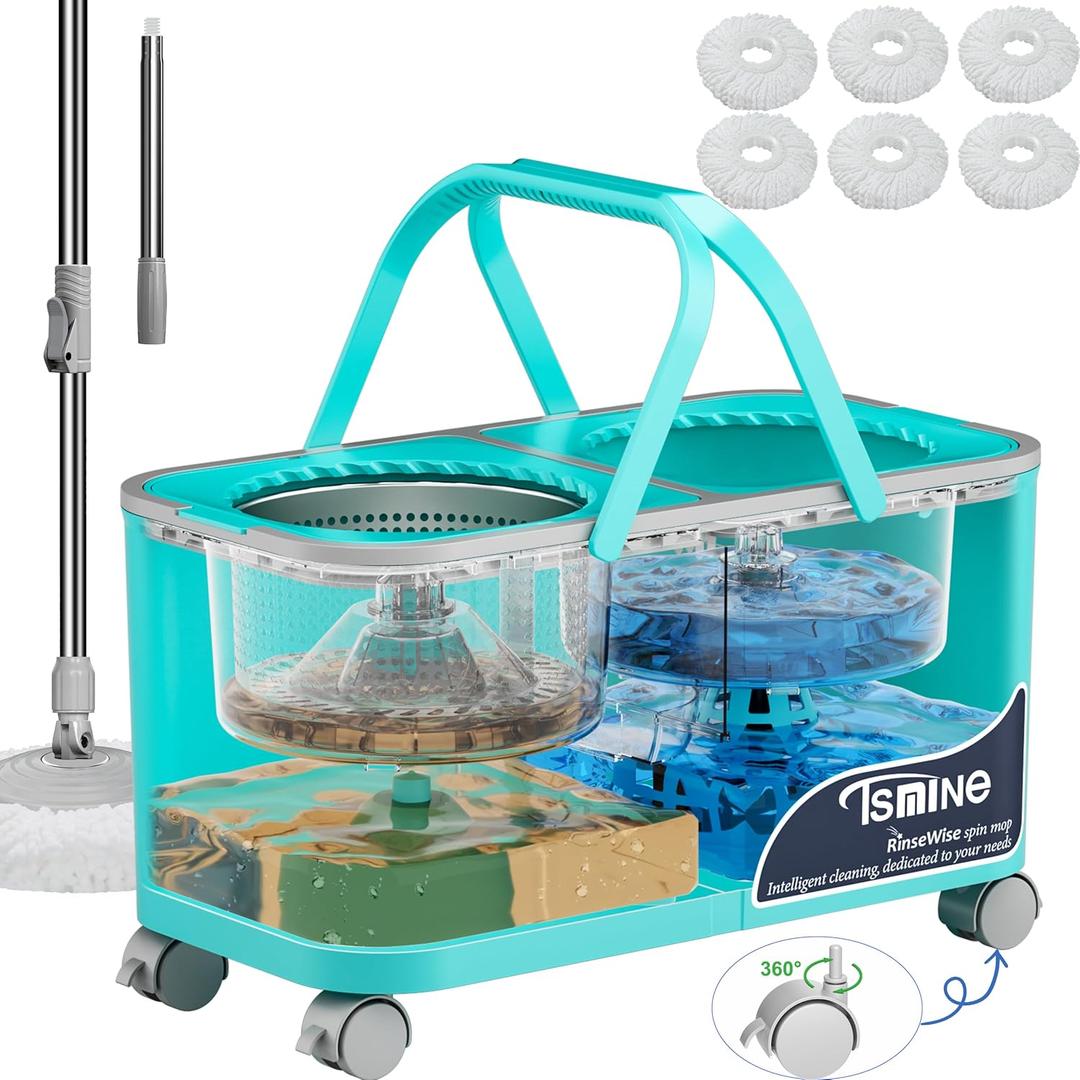 Easy-Use Spin Mop for Cleaner, Controlled Rinsing, Clean & Dirty Water Separation Mop Bucket for Pet & Family Homes,360 Swivel Wheels, Safe for Hardwood & Tile, Adjustable Handle,6 Reusable Mop Heads