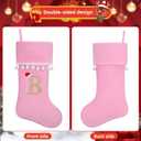19 Inch Pink Velvet Stockings, Personalized Christmas Stocking, Embroidery Initial with White Pom Pom Trim, Holiday Fireplace Mantel & Xmas Party Decor, Letter F