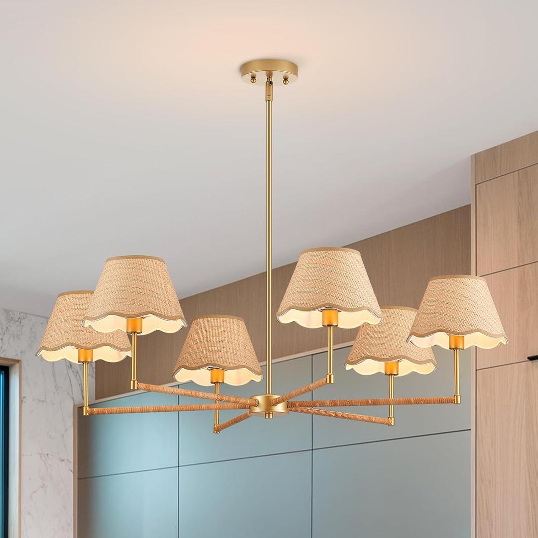 39 Boho Rattan Chandelier 6-Lights Rustic Industrial Pendant Light Large Adjustable Pendant Lighting Fixtures for Kitchen Island Dining Living Room, UL Listed