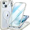 Miracase Glass Series for iPhone 15 Case [Compatible with MagSafe] Full-Body Magnetic Bumper Case with Built-in 9H Tempered Glass Anti-Fingerprint Screen Protector + Camera Lens Protector, White