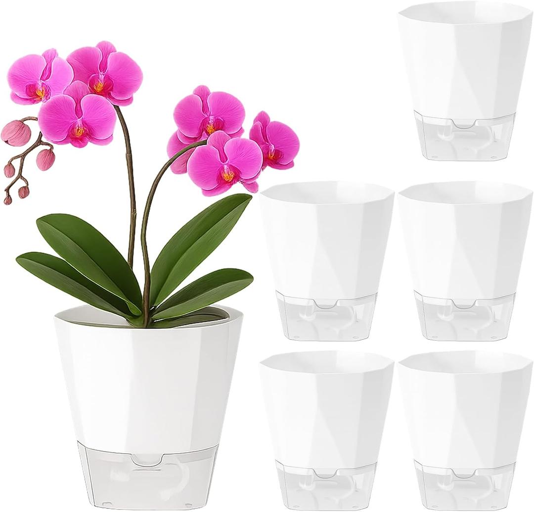 5 Pack Self Watering Plant Pots 6.7 Inches Self Watering Planters for Indoor and Outdoor Plants African Violet Self Watering Pots Clear Pots for Plants Herb Orchid Flower Houseplant Pots, White